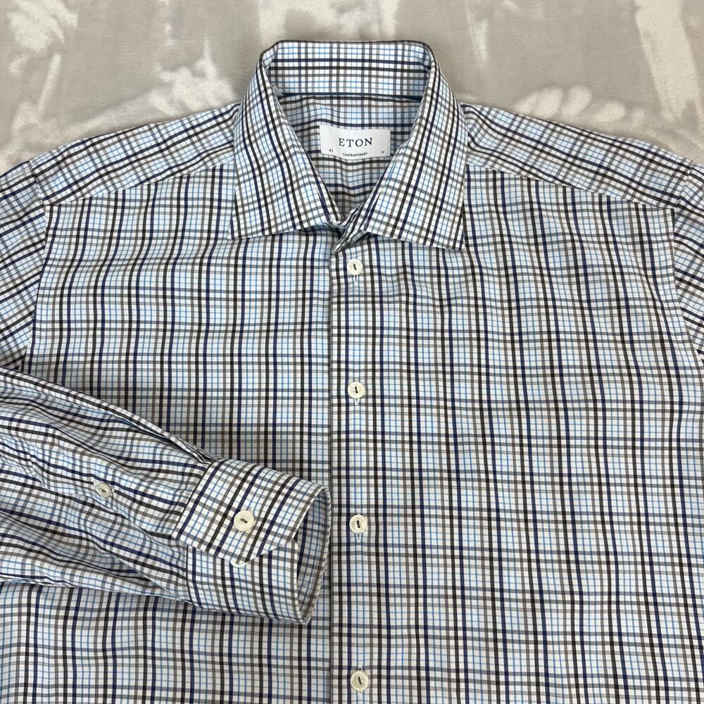 Eton Shirt Mens 43‎ 17 Blue Plaid Button Front Career Preppy Business Officewear